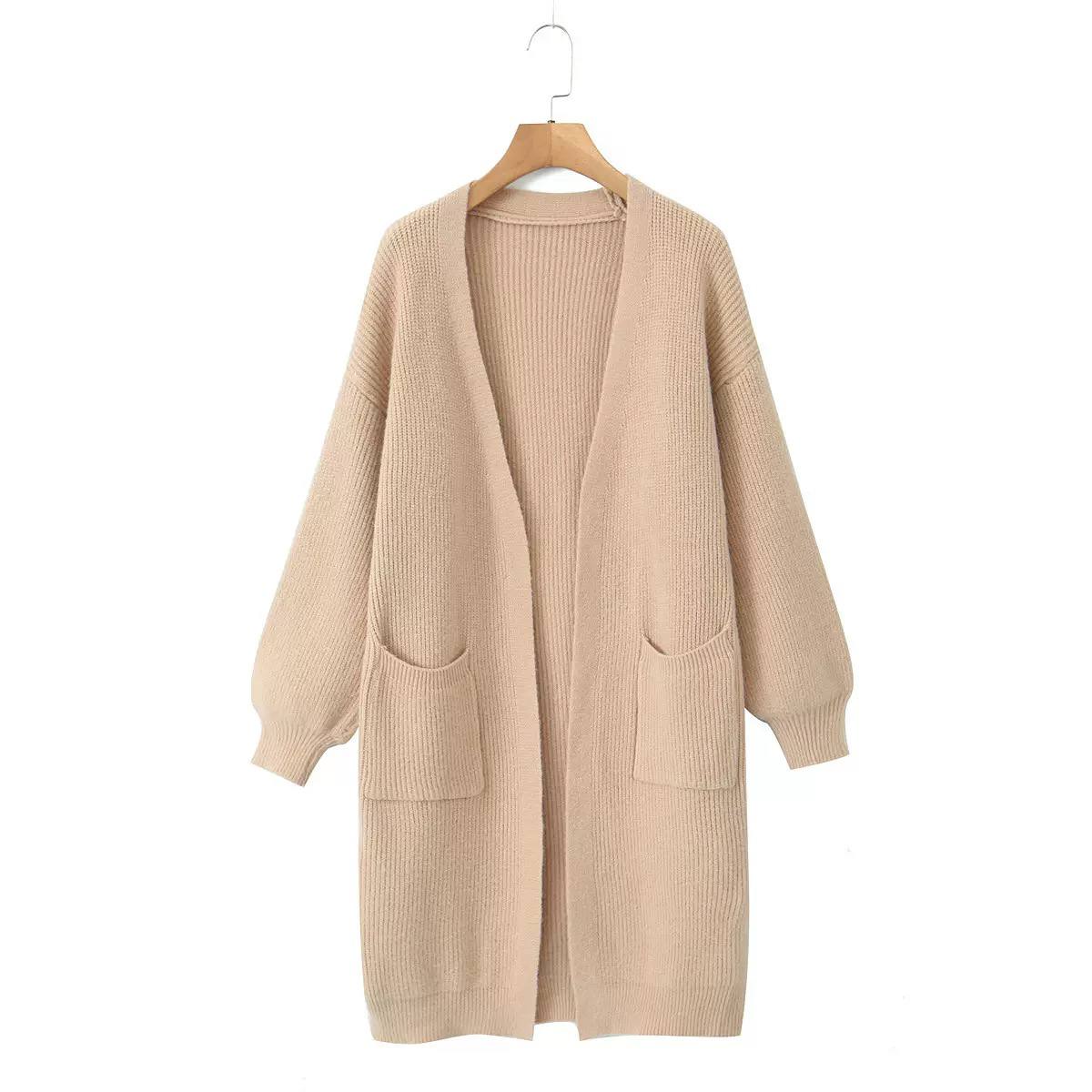 Open Front Long Knit Cardigan - Long Sleeves & Front Pockets