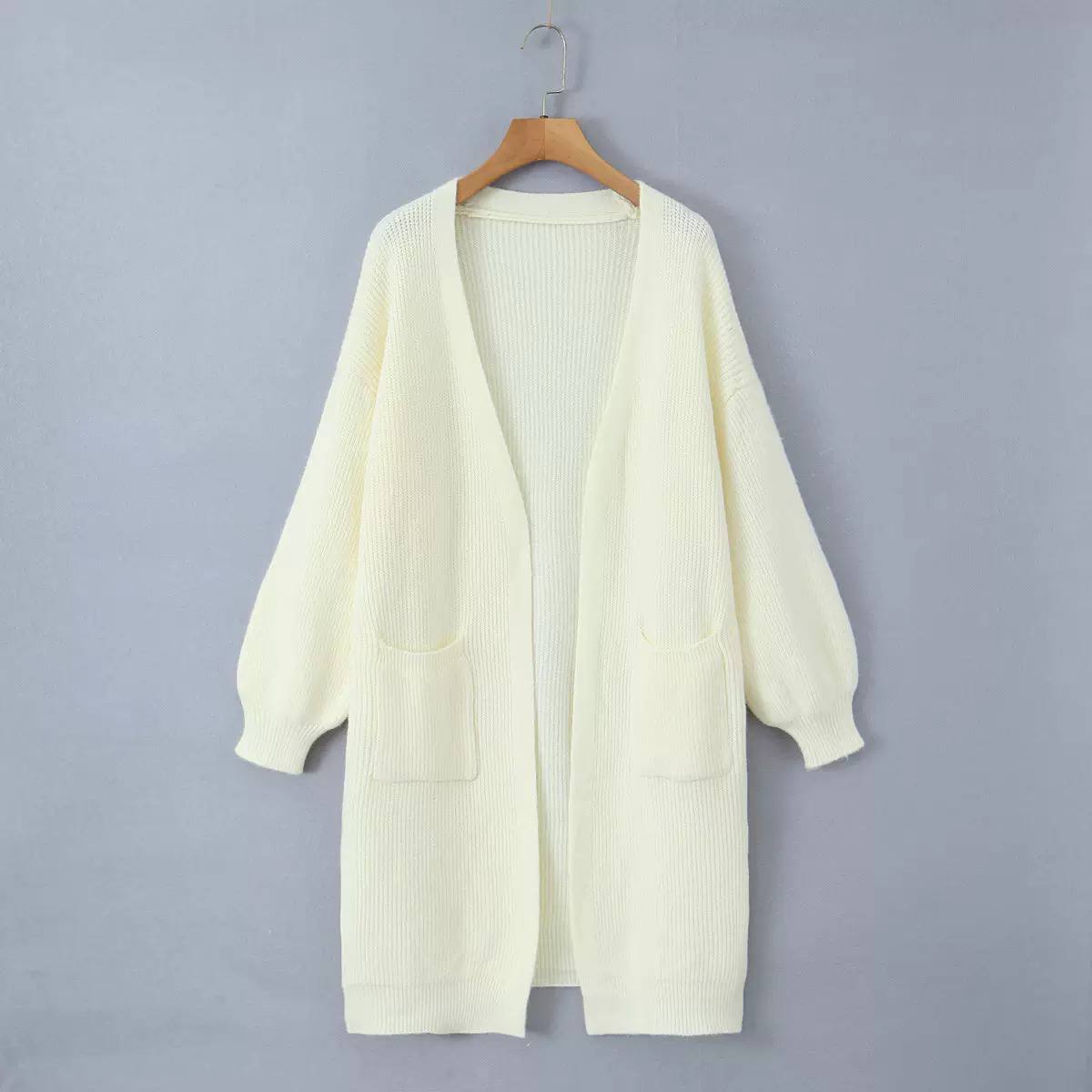 Open Front Long Knit Cardigan - Long Sleeves & Front Pockets