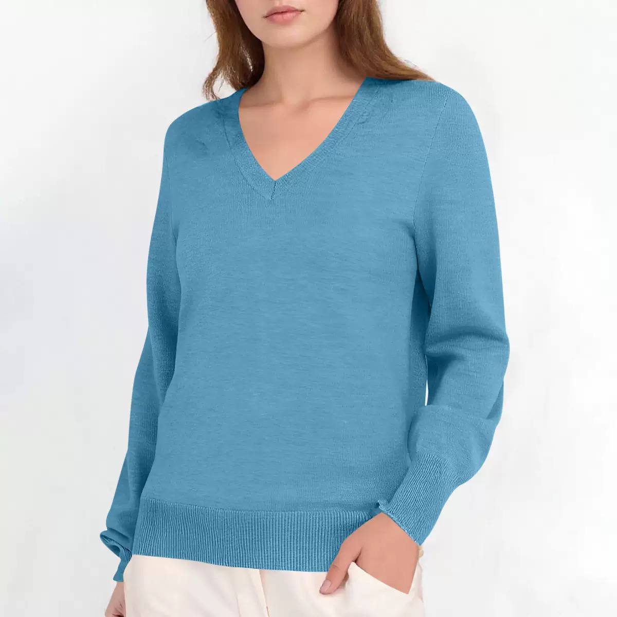 V-Neck Knit Sweater - Classic Regular Fit Ribbed Neckline