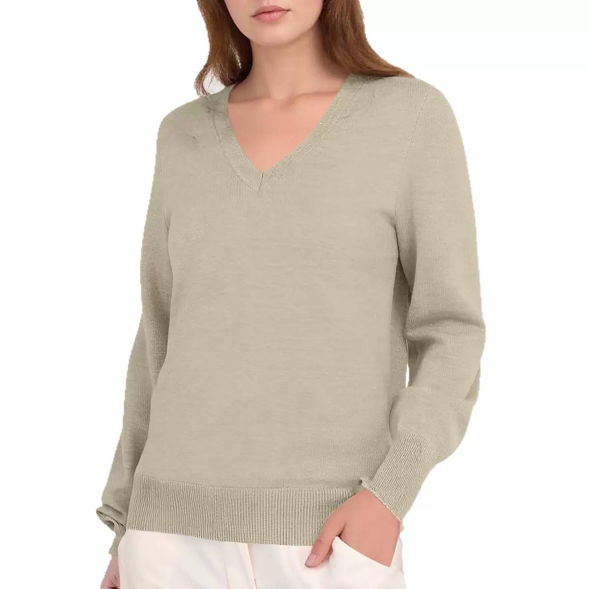 V-Neck Knit Sweater - Classic Regular Fit Ribbed Neckline