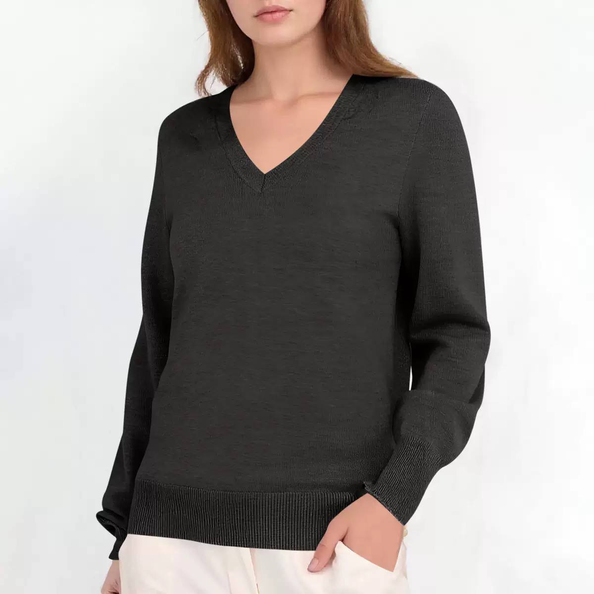 V-Neck Knit Sweater - Classic Regular Fit Ribbed Neckline