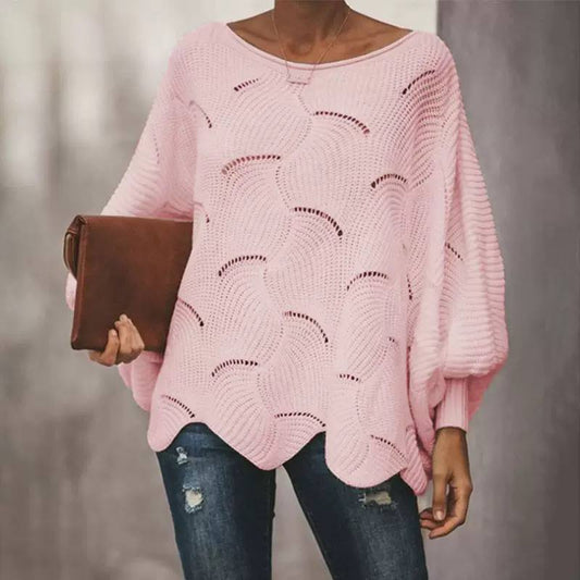 Scallop Hem Open Knit Oversized Sweater - Round Neck