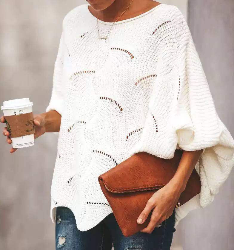 Scallop Hem Open Knit Oversized Sweater - Round Neck