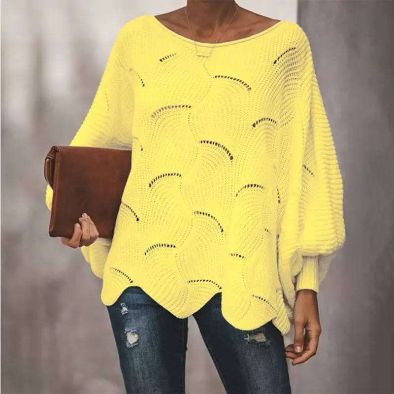 Scallop Hem Open Knit Oversized Sweater - Round Neck