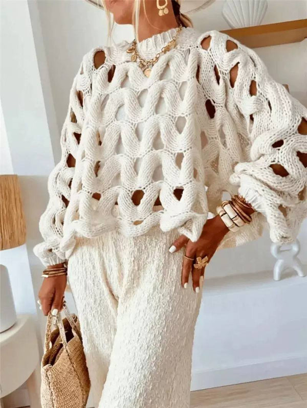 Chunky Open-Knit Sweater - Oversized Relaxed Fit & Round Neckline