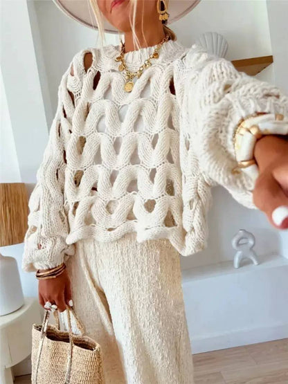 Chunky Open-Knit Sweater - Oversized Relaxed Fit & Round Neckline