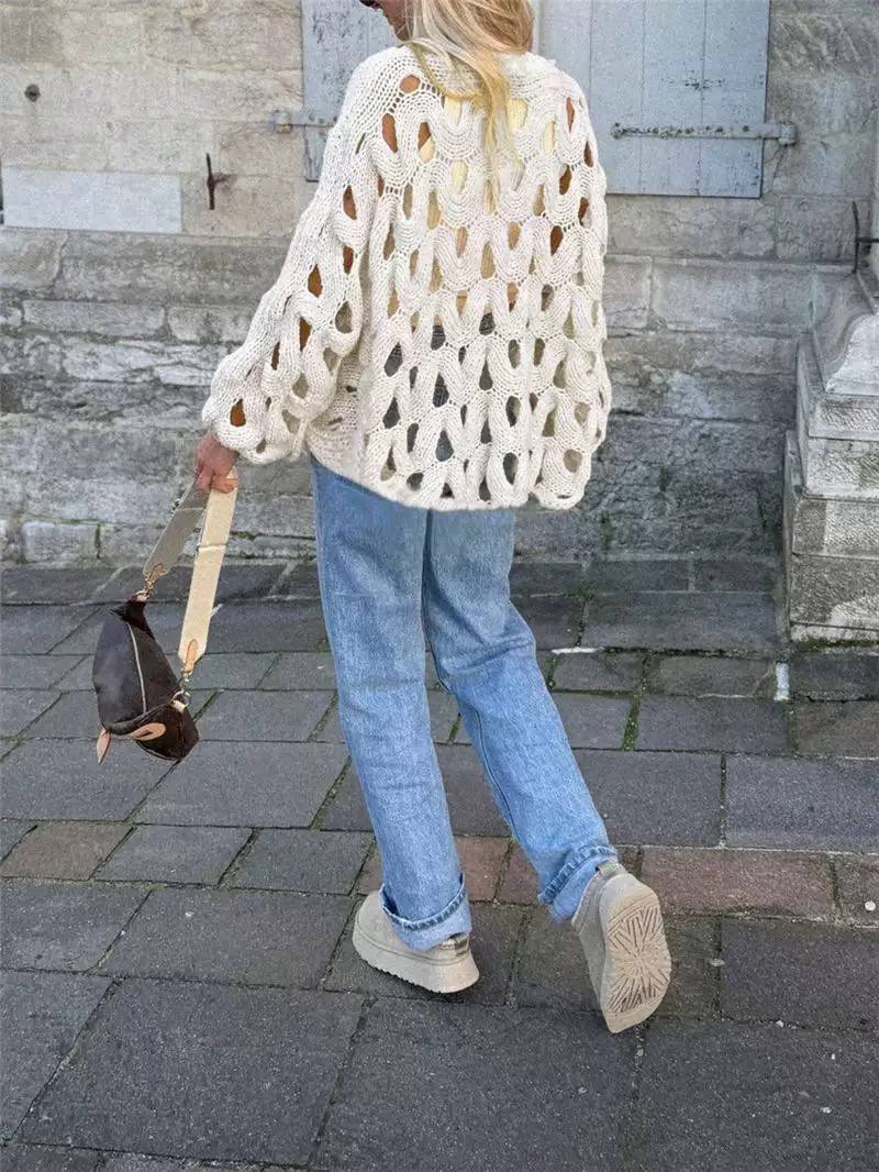 Chunky Open-Knit Sweater - Oversized Relaxed Fit & Round Neckline