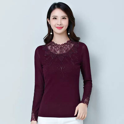 Lace Detail Top - Sheer Floral Lace Neckline & Decorative Embroidery
