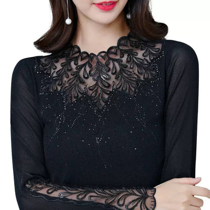 Lace Detail Top - Sheer Floral Lace Neckline & Decorative Embroidery