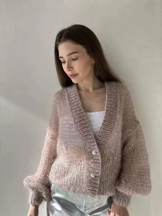 Fuzzy Knit Cardigan - Relaxed Oversized Fit & Long Balloon Sleeves