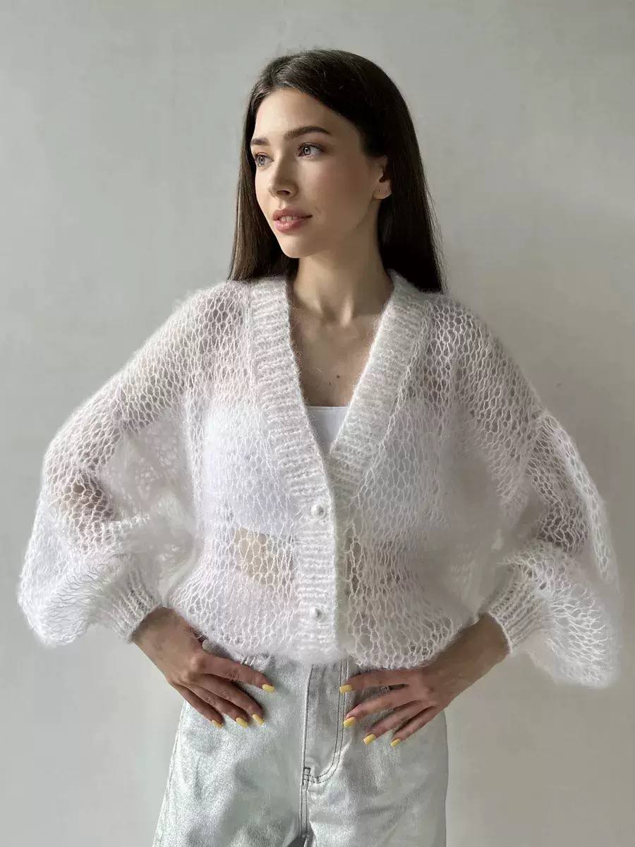 Fuzzy Knit Cardigan - Relaxed Oversized Fit & Long Balloon Sleeves