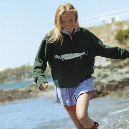 Crew Neck Oversized Knit Sweater - Long Sleeves & Ribbed Cuffs and Hem