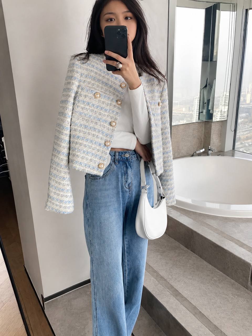 Tweed Jacket - Double Breasted Pearl Buttons, Patch Pocket Flaps and Contrast Trim Detailing