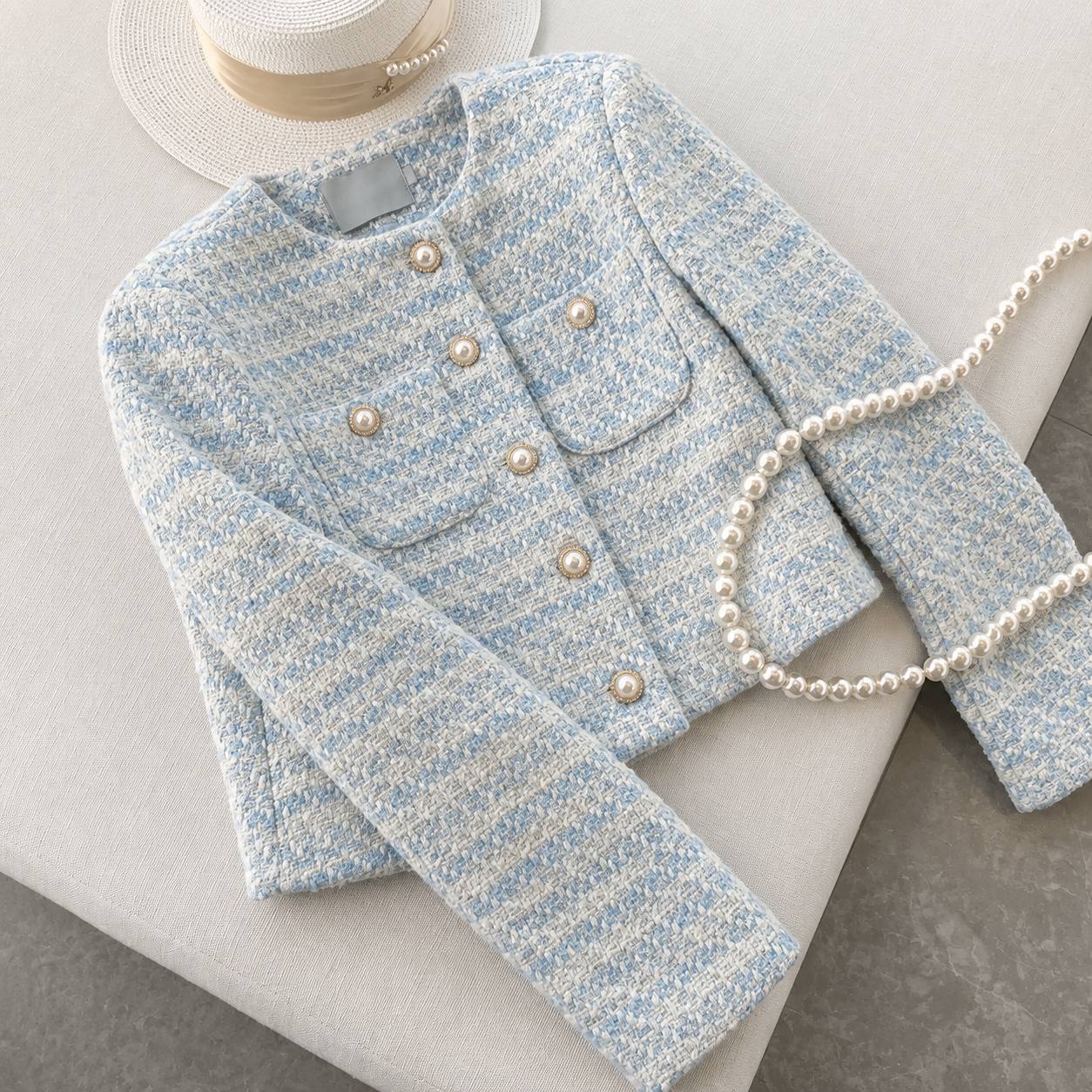 Tweed Jacket - Double Breasted Pearl Buttons, Patch Pocket Flaps and Contrast Trim Detailing