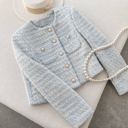Tweed Jacket - Double Breasted Pearl Buttons, Patch Pocket Flaps and Contrast Trim Detailing