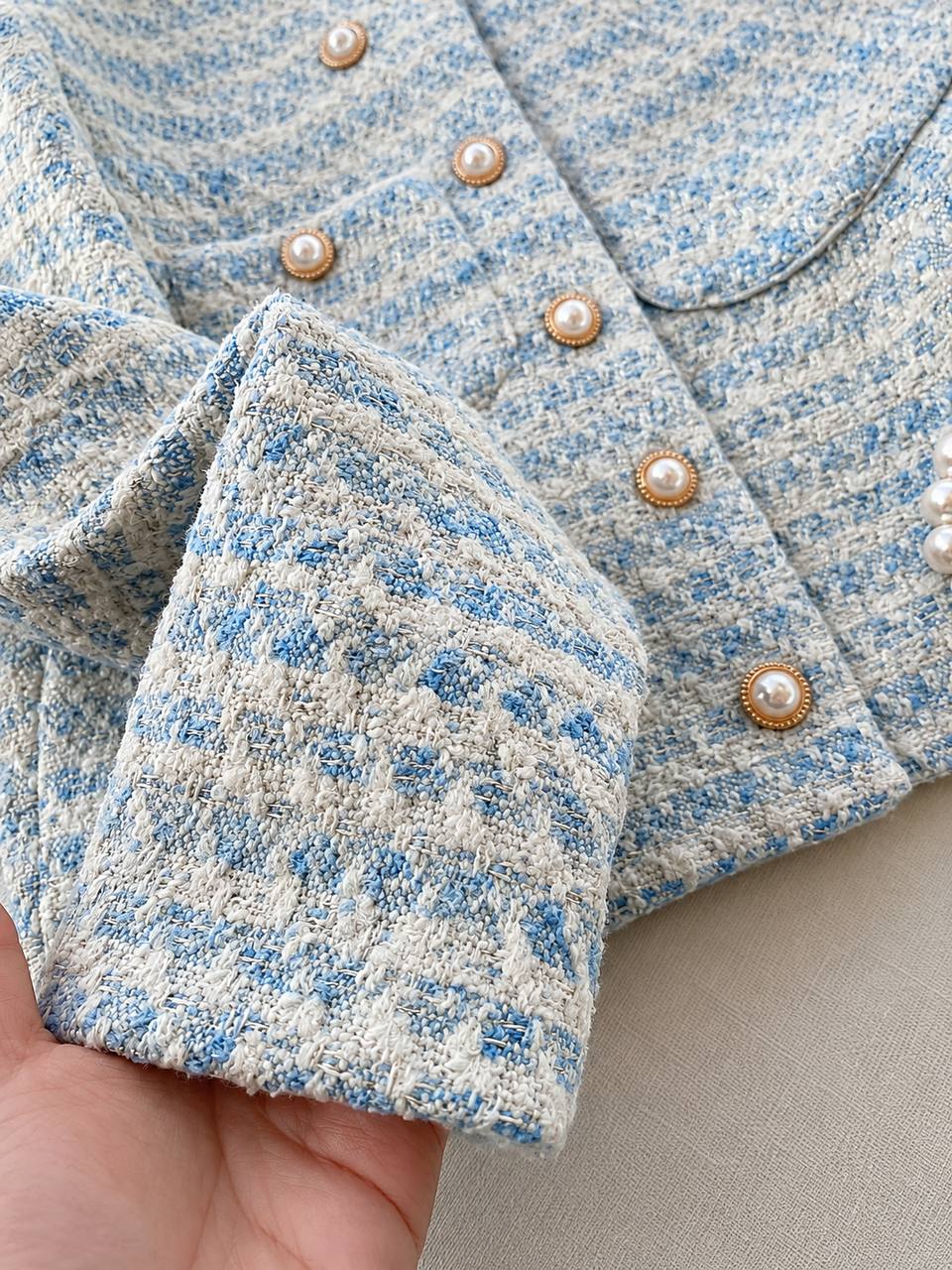 Tweed Jacket - Double Breasted Pearl Buttons, Patch Pocket Flaps and Contrast Trim Detailing