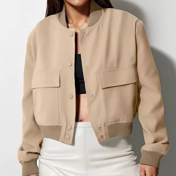 Cropped Bomber Jacket with Flap Pockets - Ribbed Cuffs and Elasticated Waistband