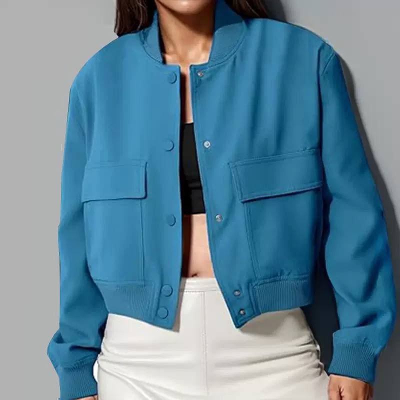 Cropped Bomber Jacket with Flap Pockets - Ribbed Cuffs and Elasticated Waistband