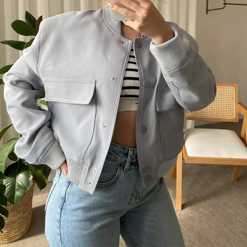 Cropped Bomber Jacket with Flap Pockets - Ribbed Cuffs and Elasticated Waistband