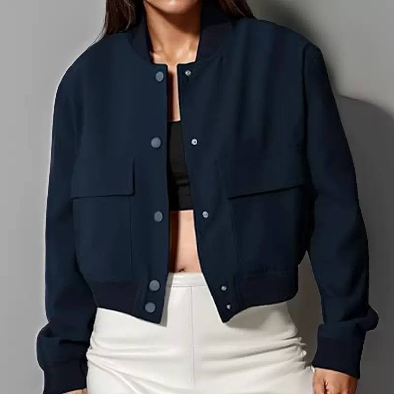 Cropped Bomber Jacket with Flap Pockets - Ribbed Cuffs and Elasticated Waistband