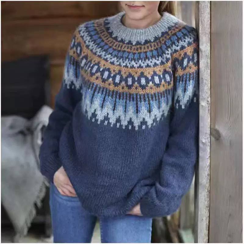 Fair Isle Crew Neck Knit Sweater - Long Sleeves Ribbed Cuffs and Hem