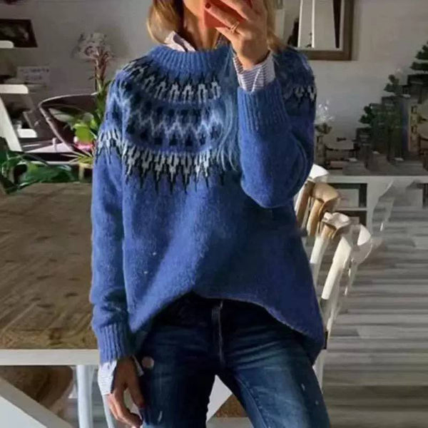 Fair Isle Crew Neck Knit Sweater - Long Sleeves Ribbed Cuffs and Hem