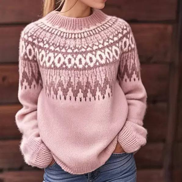 Fair Isle Crew Neck Knit Sweater - Long Sleeves Ribbed Cuffs and Hem