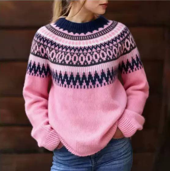 Fair Isle Crew Neck Knit Sweater - Long Sleeves Ribbed Cuffs and Hem