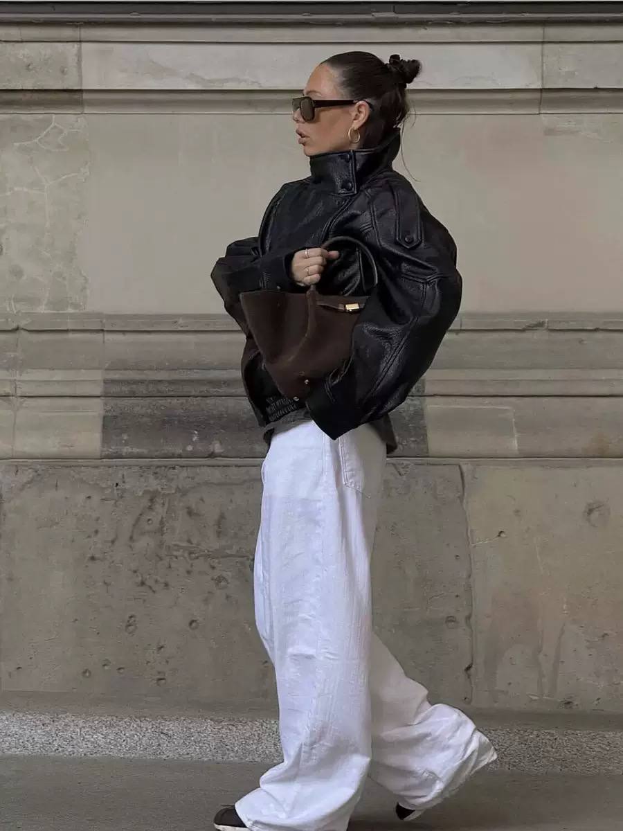 High-Neck Leather Jacket with Asymmetric Zip - Side Pockets and Elasticated Hem