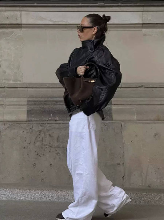 High-Neck Leather Jacket with Asymmetric Zip - Side Pockets and Elasticated Hem