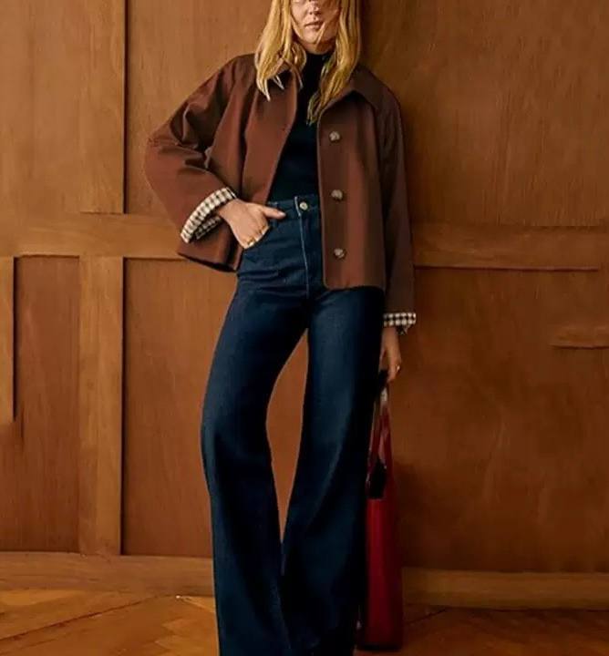 Double-Breasted Notched Lapel Cropped Jacket - Long Sleeves and Checkered Cuff