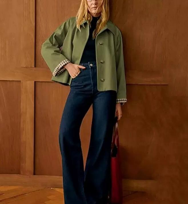 Double-Breasted Notched Lapel Cropped Jacket - Long Sleeves and Checkered Cuff