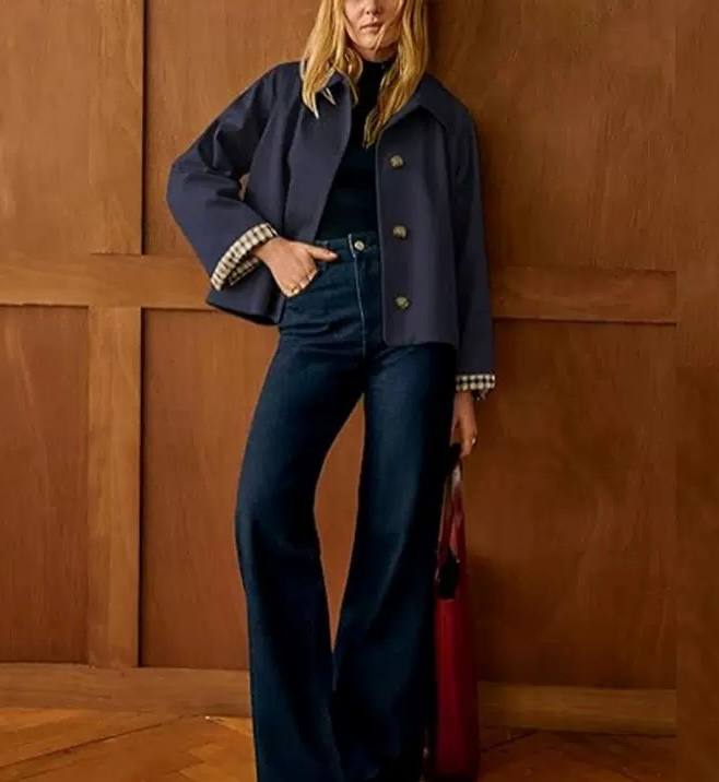 Double-Breasted Notched Lapel Cropped Jacket - Long Sleeves and Checkered Cuff