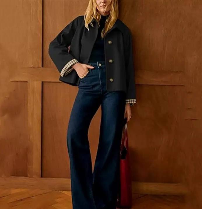 Double-Breasted Notched Lapel Cropped Jacket - Long Sleeves and Checkered Cuff