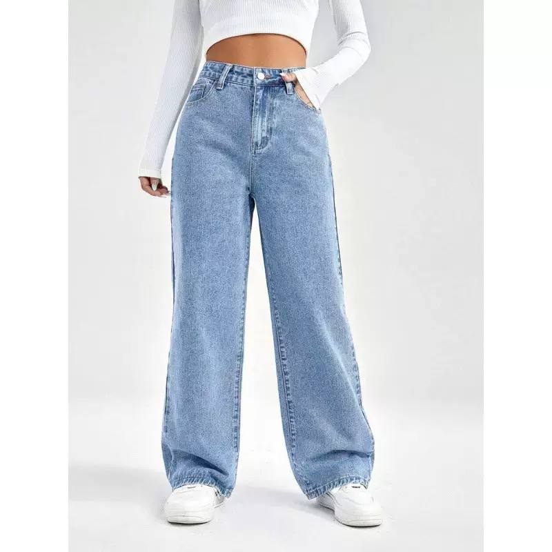 High Waist Wide Leg Washed Cotton Denim Jeans -  Relaxed Fit, Classic Pocket Design