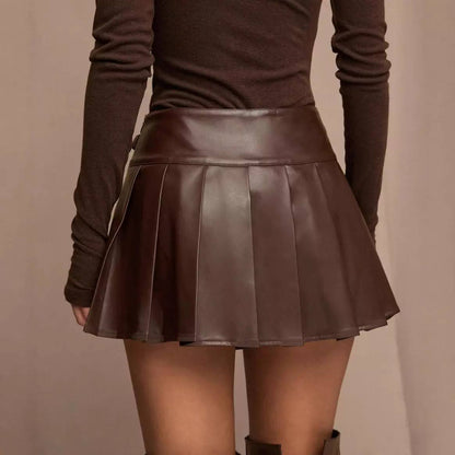 High Waist Pleated Leather Mini Skirt - with Belt
