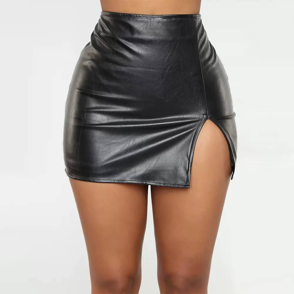 Faux Leather Mini Skirt – High-Waisted Ruched Side-Slit Skirt