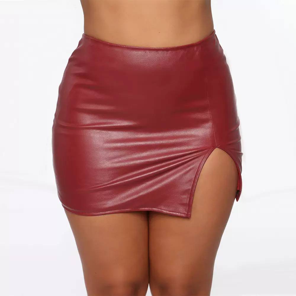 Faux Leather Mini Skirt – High-Waisted Ruched Side-Slit Skirt
