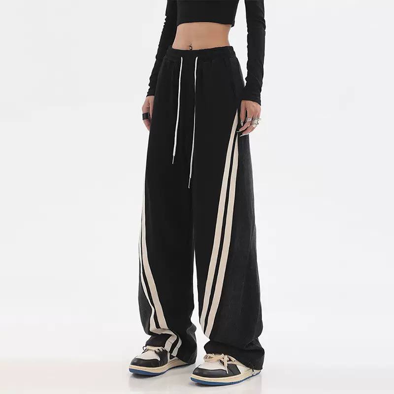 Women's Wide Leg Stripe Track Pants -  Contrast Stripe Cargo Trousers