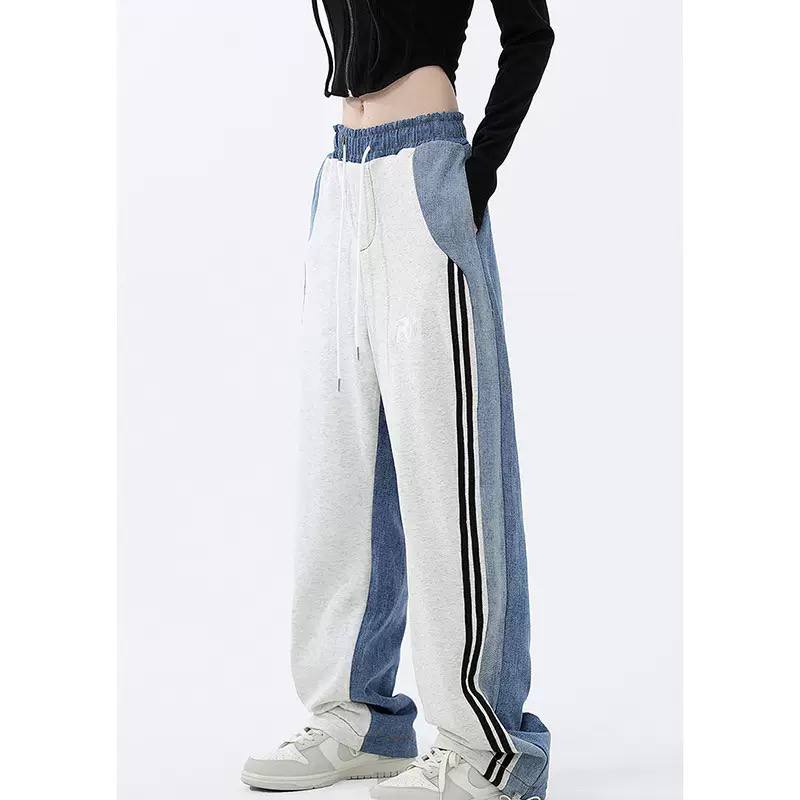 Women's Wide Leg Stripe Track Pants -  Contrast Stripe Cargo Trousers