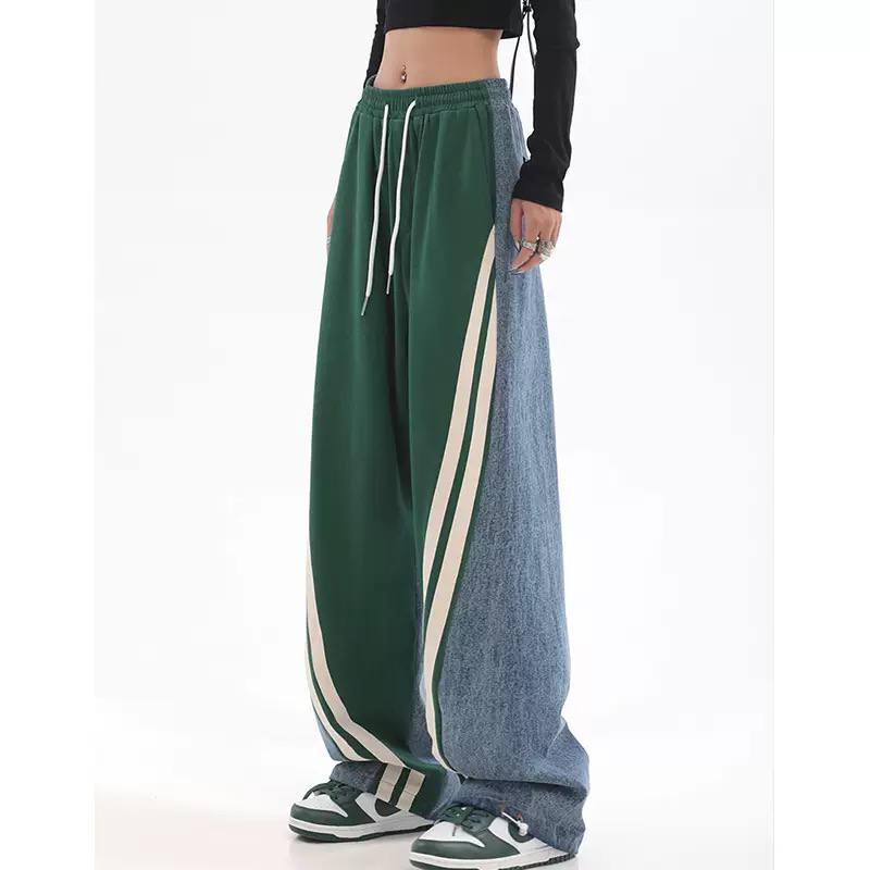 Women's Wide Leg Stripe Track Pants -  Contrast Stripe Cargo Trousers