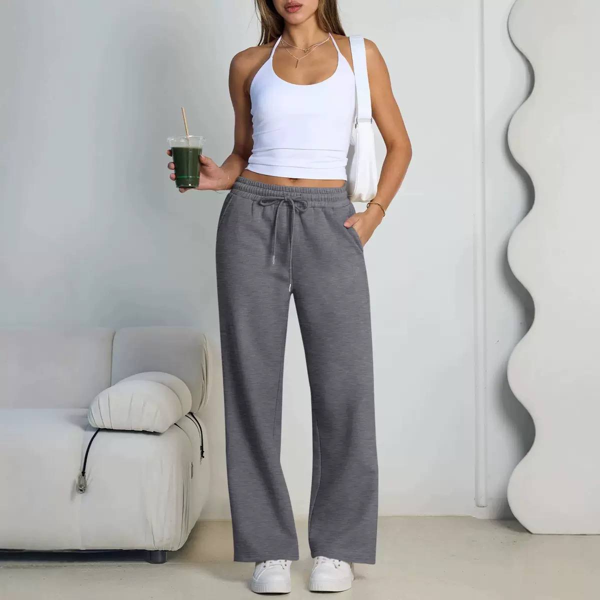 Wide-Leg Trousers – High-Waisted Drawstring Casual Pants