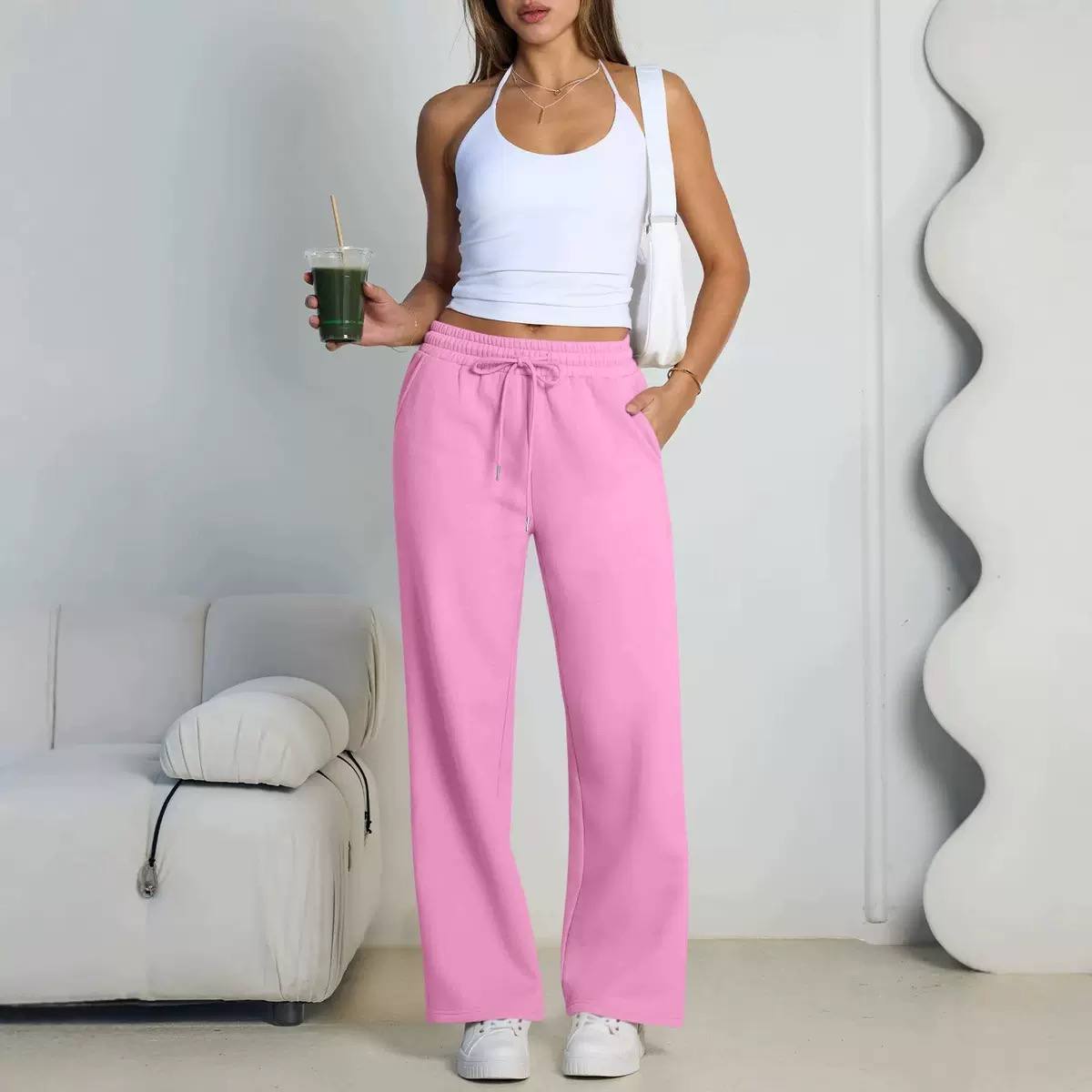 Wide-Leg Trousers – High-Waisted Drawstring Casual Pants