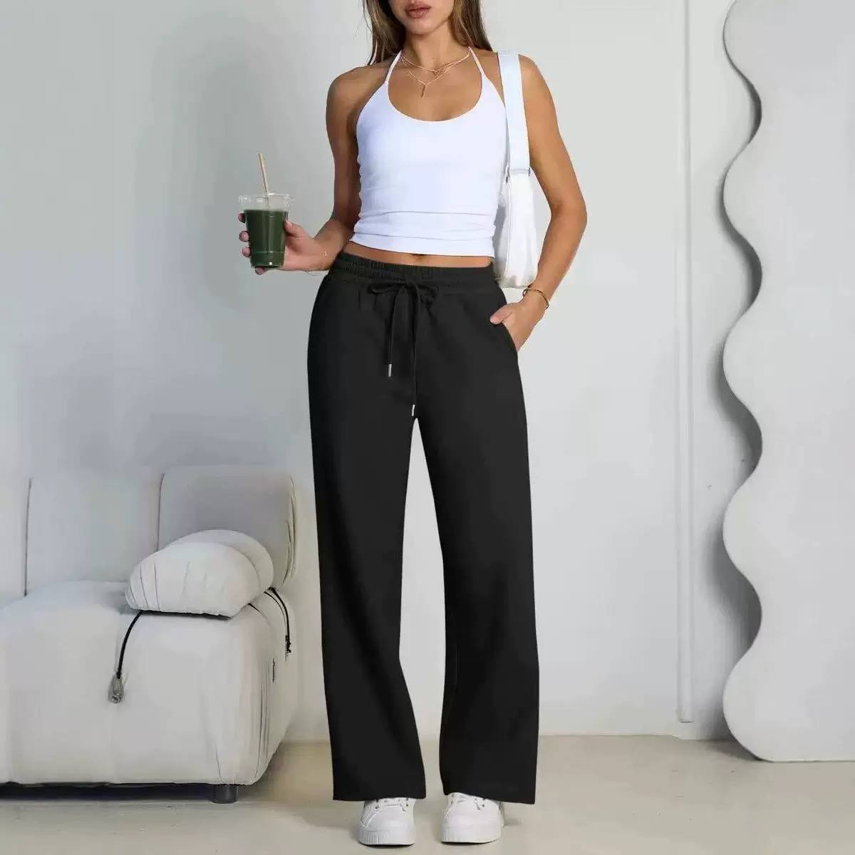 Wide-Leg Trousers – High-Waisted Drawstring Casual Pants