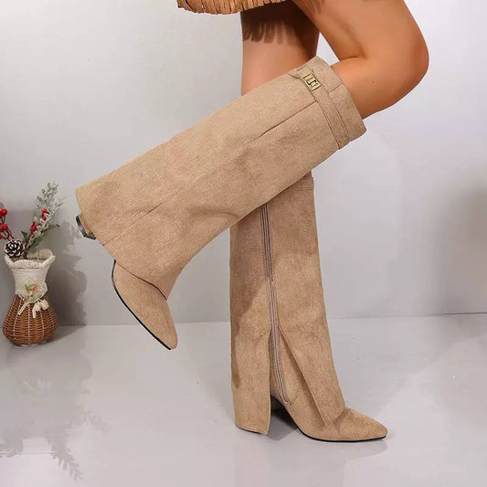 Suede Knee-High Boots – Pointed Toe Block Heel Boots