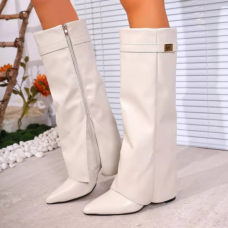 Suede Knee-High Boots – Pointed Toe Block Heel Boots
