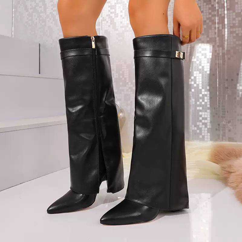 Suede Knee-High Boots – Pointed Toe Block Heel Boots