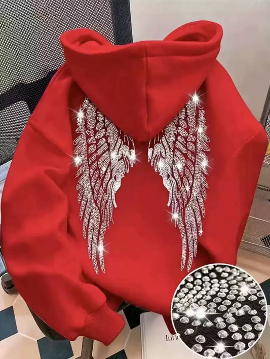Rhinestone Angel Wing Hoodie – Casual Pullover with Sparkling Crystal Detail