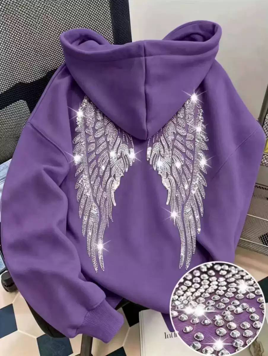 Rhinestone Angel Wing Hoodie – Casual Pullover with Sparkling Crystal Detail