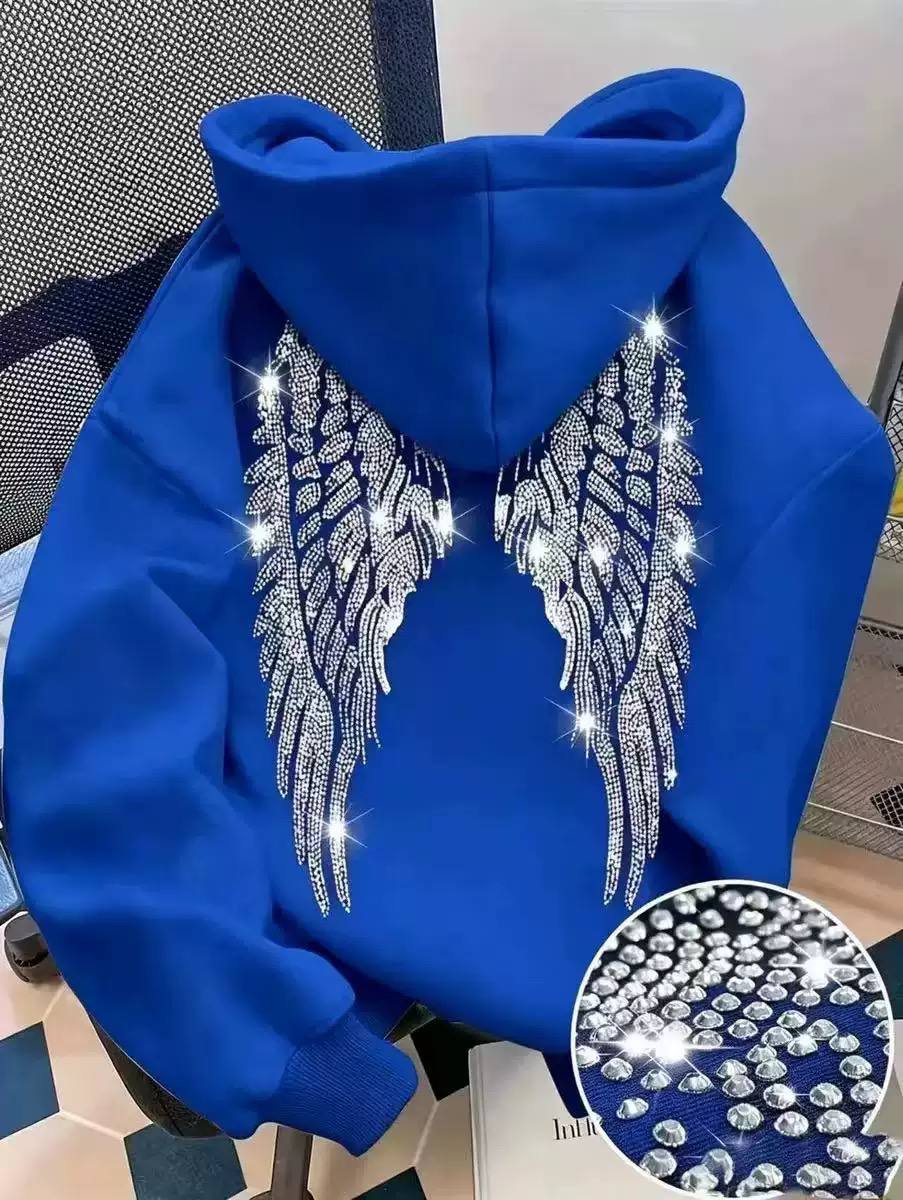 Rhinestone Angel Wing Hoodie – Casual Pullover with Sparkling Crystal Detail